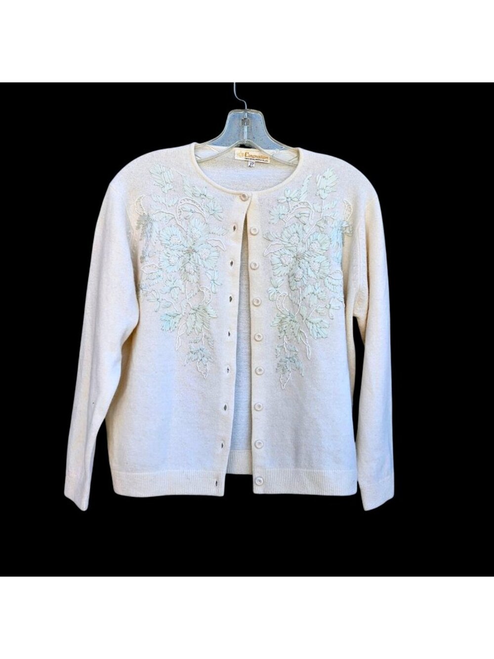Vintage 50s Coronation Tokyo Tamaru Ivory Cardigan Ribbon Beaded Women's L NWOT